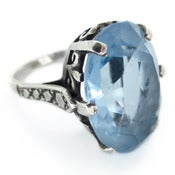 Image of Vintage Art Deco Style Silver Blue Topaz Glass Ornate Large Cocktail Ring