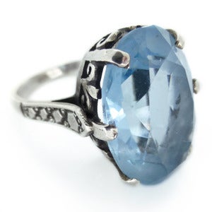 Image of Vintage Art Deco Style Silver Blue Topaz Glass Ornate Large Cocktail Ring
